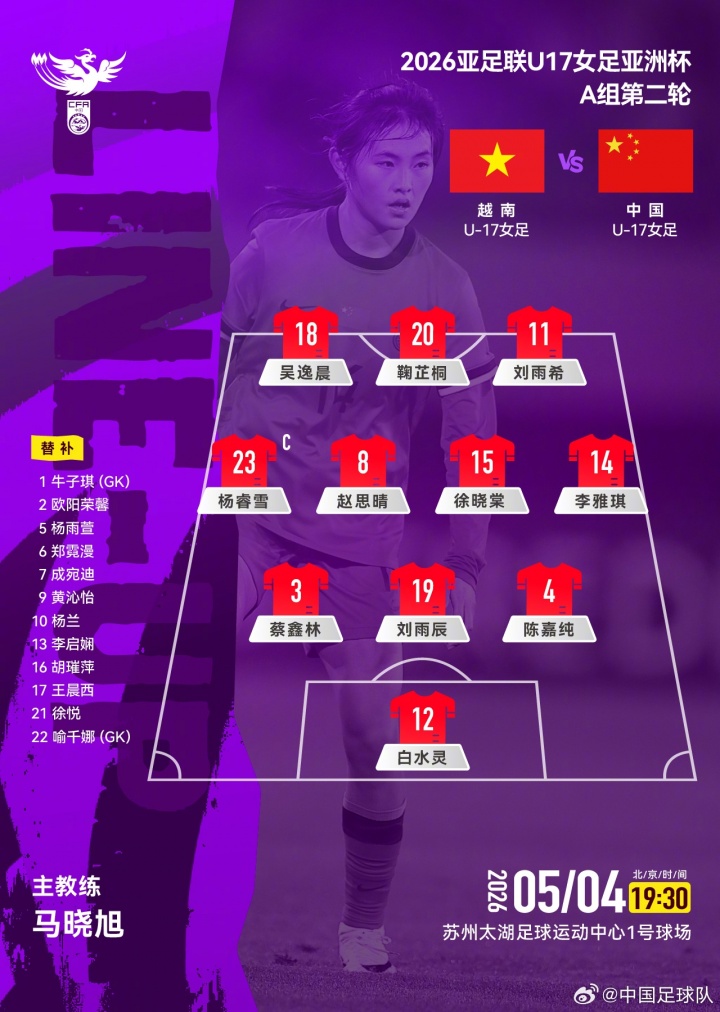 熊猫体育-U17女足亚洲杯A组第二轮，中国U17女足对阵越南U17女足，首发公布